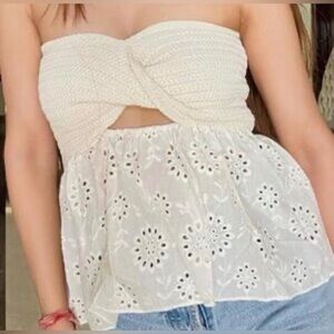 Elegant Cream Strapless Eyelet Blouse